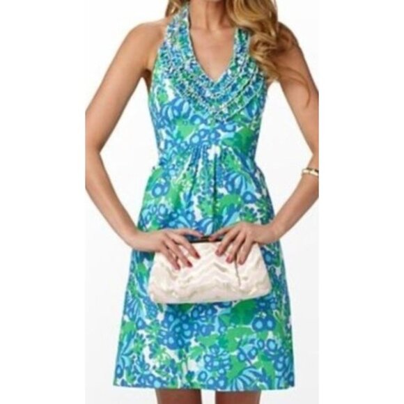 Lilly Pulitzer Halter Bee in Your Bonnet Sleeveless Dress V-Neck Ruffle  2 Woman - Picture 1 of 13